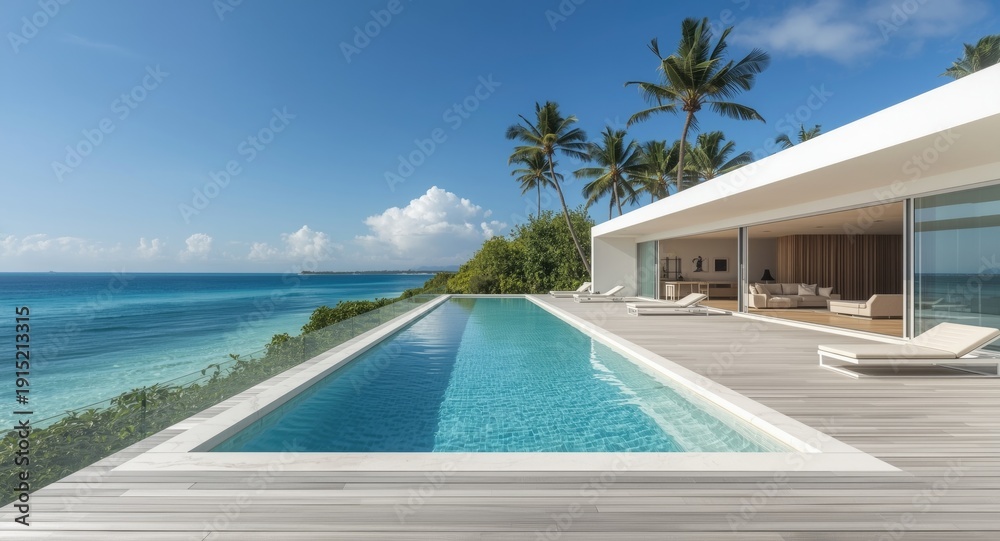 Fototapeta premium Sleek, futuristic beachfront house featuring a minimalist poolside layout