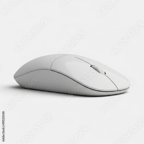 Photos Sleek matte white wireless computer mouse with a subtle ergonomic curve and scroll wheel, isolated on a clean light gray background for technology branding
