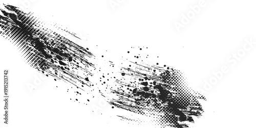 Black stain of paint brush with jagged edges isolated on white background. Hand drawn spot of paint, ink. Grunge dye splash. Copy space banner. Vector grain illustration for substrate, base, frame