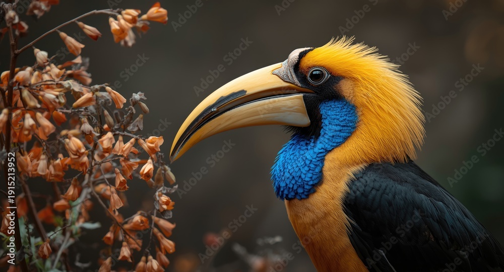 Fototapeta premium Golden bristled knobbed hornbill perched near indistinct orange flowers wearing bright blue neck feathers