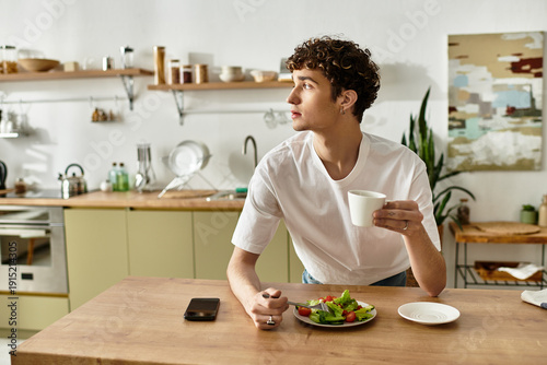 Foto A young man in a stylish kitchen takes a moment to savor his vibrant salad and d