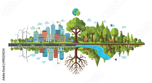 Illustration of a sustainable cityscape with a tree, river, and wind turbines, reflecting eco-friendly urban planning and green technology on a white background with a natural and serene