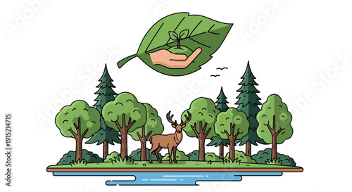 Flat illustration of a deer standing among trees on a floating island with a leaf and river against a white background.