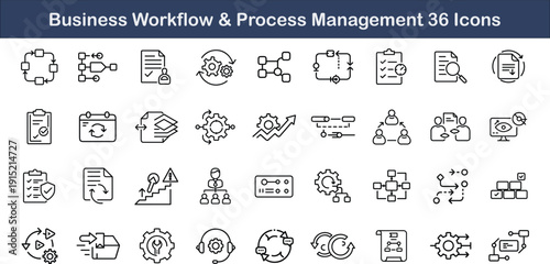 Business Workflow and Process Management Line Icon Set with Automation, Task Flow, Approval, Reporting and Control Panel Icons. Outline Style