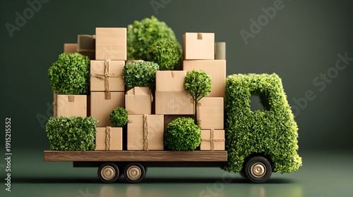 An artistic representation of an eco-friendly delivery truck made of green leaves transporting cardboard boxes, symbolizing sustainable logistics and environmental responsibility.
