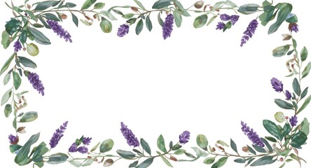 Watercolor digital flower frame of olive eucalyptus sage and lavender branches set against white