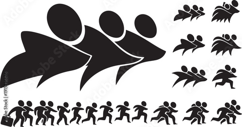 Silhouette of people running in various poses and styles