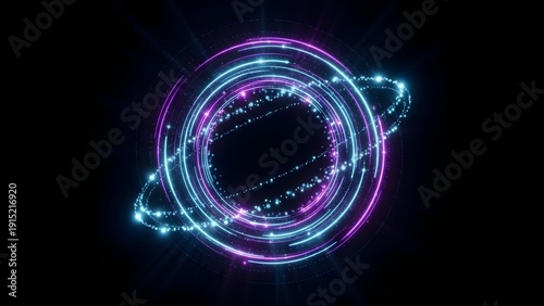 Abstract visualization of glowing neon blue and magenta light rings moving dynamically around a central point creating a futuristic technological energy orb effect