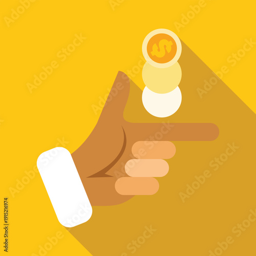 Hand pointing gesture while stacking golden dollar coins on a yellow background