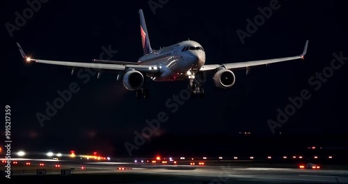 Airplane landing on runway at night with bright lights