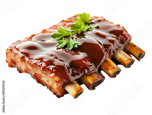 Grilled BBQ pork ribs with glossy sauce and green parsley on transparent background