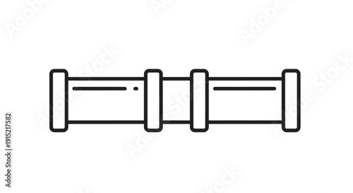 Simple line art illustration of a horizontal pipe segment with two connectors, depicting plumbing or industrial components.