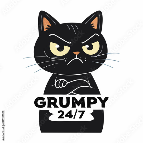 Grumpy 24/7 Angry Cat Cartoon T-Shirt Design | Funny Black and White Cat Vector