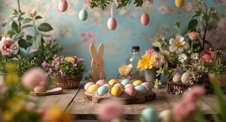Photo studio backdrop with Easter themed decorations including plants flowers wooden bunny and colorful dyed eggs for family and children photos