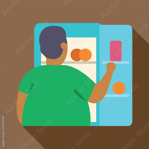 Overweight man opening a refrigerator, looking inside for food to eat