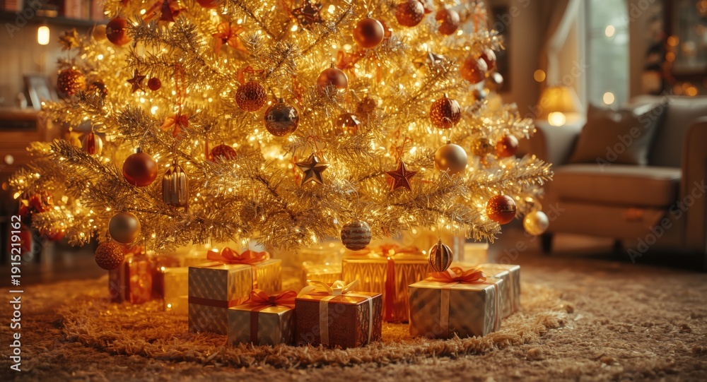 Fototapeta premium Radiant golden Christmas tree featuring glossy decorations and a carefully wrapped gift in a cozy room