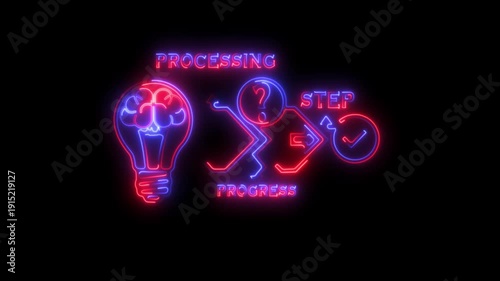 Wallpaper Mural Red and blue Neon Processing and Progress Concept with Glowing Lightbulb Idea Icon, Question Mark Decision Step Flow, Futuristic Digital Workflow Strategy, Innovation Development Path, Business  Torontodigital.ca