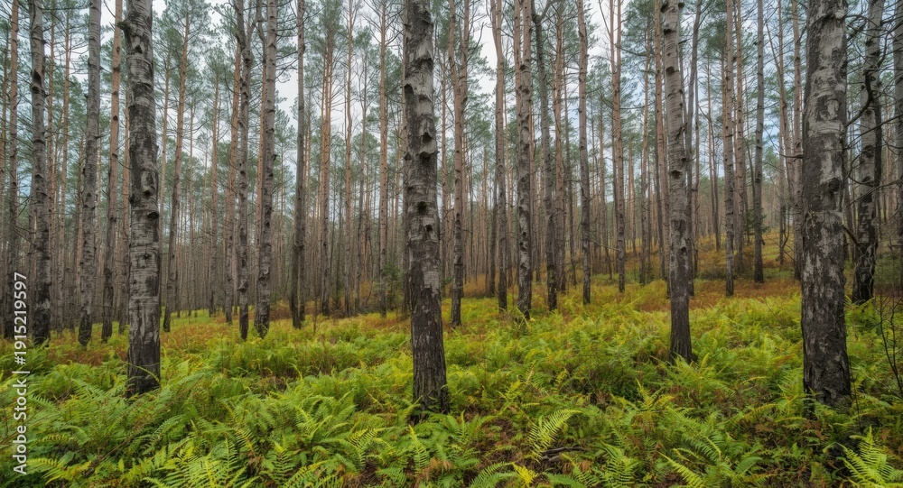 Fototapeta Scenic woodland panorama emphasizing upright skinny trees bearing unique bark and a carpet of verdant ferns and bracken