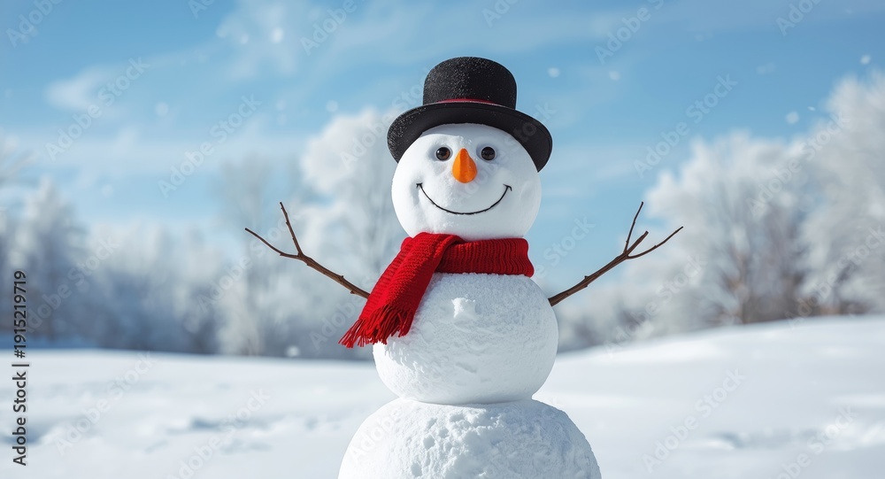Obraz premium Cheerful snowman standing in snowy winter landscape