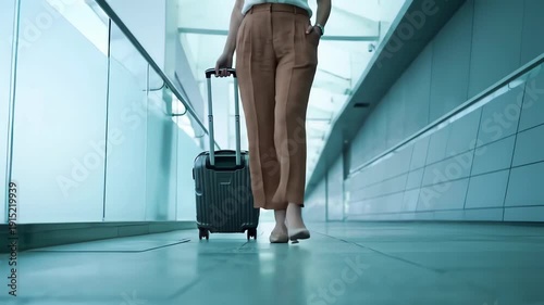 Woman Walking with Suitcase in Airport Corridor.