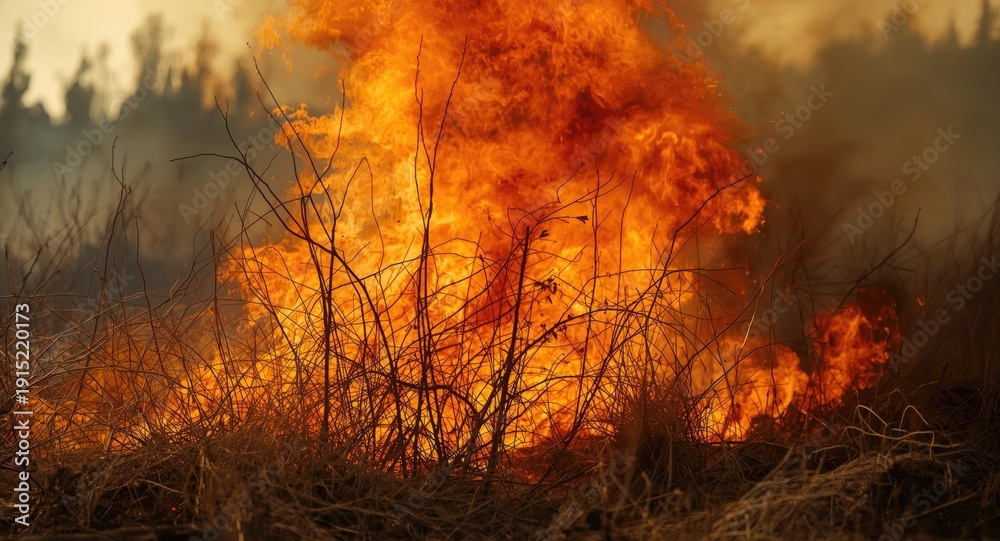 Fototapeta premium A powerful fire rages through brittle branches and thirsty grass in a summer blaze