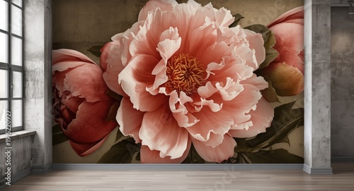 Wallpaper mural with sepia peony floral art on industrial concrete textured wall for loft decor
