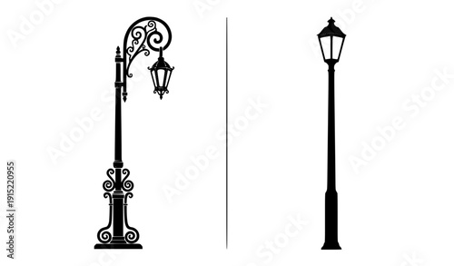"Vintage Street Lamp Post Silhouette Set, isolated on transparent background"