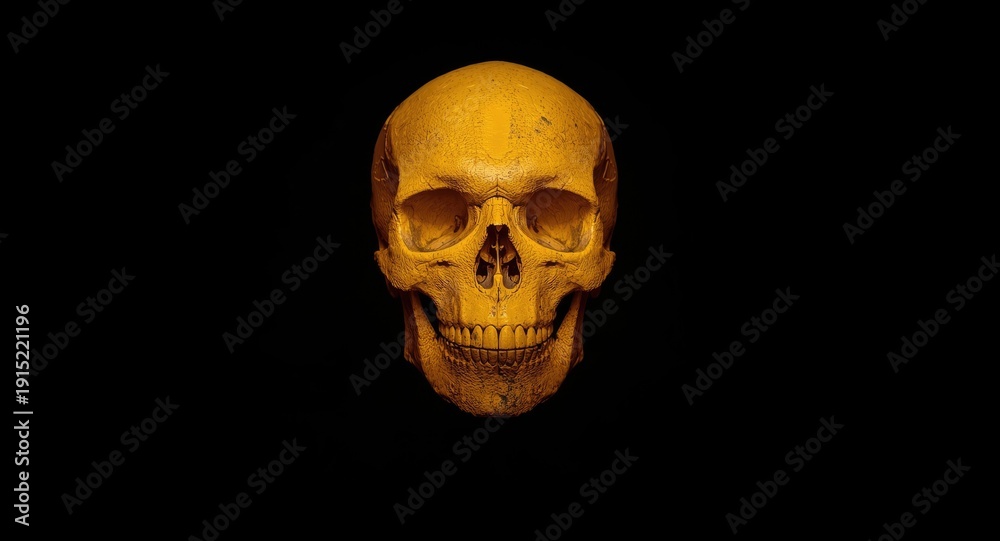 Obraz premium Vibrantly Lit Yellow Halloween Skull Centered on a Deep Black Background for Spooky Seasonal Decoration