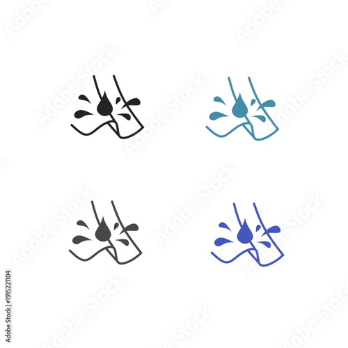 Set of four stain proof and waterproof fabric icons. Minimalist vector symbols showing liquid drops repelling from a textile surface in four colors.