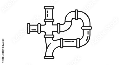 Line art illustration of a complex plumbing pipe system with multiple joints and bends, depicting a water or waste drainage network.
