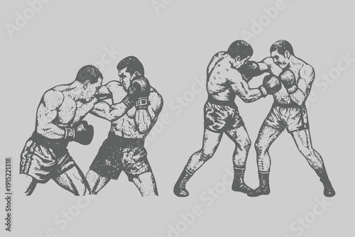 Boxing exercises and positions of fighting 2 man in Vintage engraving style. Retro Boxing club for creative design. Eps 10