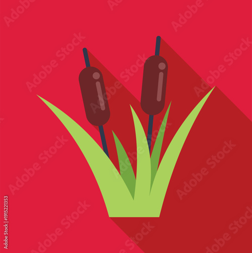 Cattail plants with green leaves standing against a red background featuring a long shadow