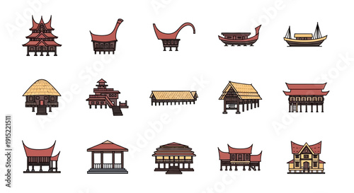 A collection of various traditional Indonesian and Southeast Asian stilt houses and architectural icons.