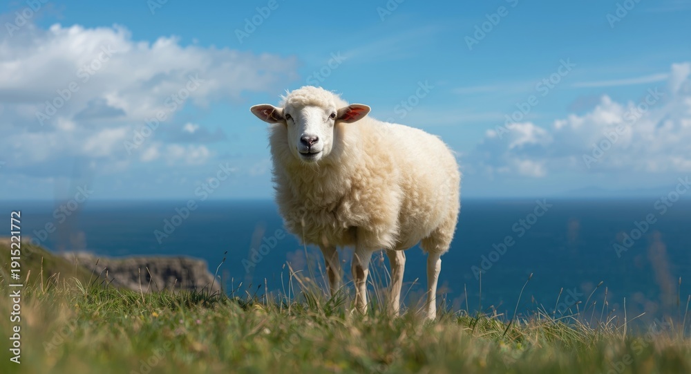Fototapeta premium Happy pet sheep grazing on a lush green grass cliff under a clear blue sea sky