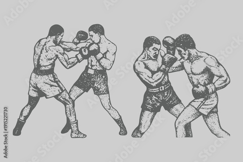 Boxing exercises and positions of fighting 2 man in Vintage engraving style. Retro Boxing club for creative design. Eps 10