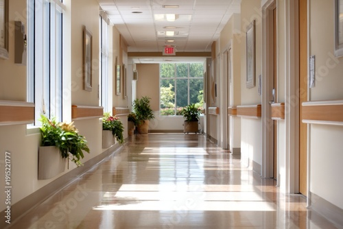 Bright and Inviting Hallway in a Care Facility with Natural Light and Plants