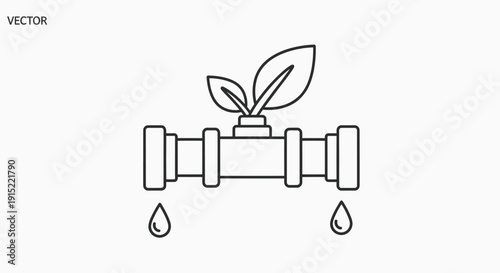 Line art illustration of a pipe with a plant on top and water drops leaking from both ends, symbolizing water conservation or irrigation.
