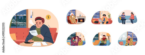 Cold Home in Winter Set, People Freezing Indoors and High Heating Bills Concept Vector. Vector cartoon flat style Collection