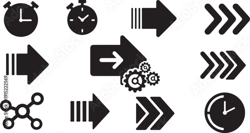 Collection of black and white direction and time icons