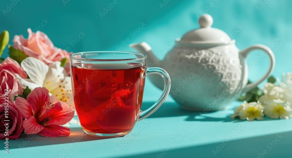 Fototapeta premium Delightful hibiscus tea in a transparent cup paired with a teapot and fresh flowers on vivid background