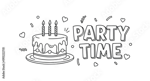 Vector illustration of a birthday cake with three candles and 'PARTY TIME' text, isolated on transparent background