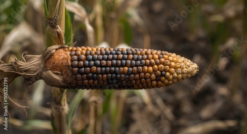Rotten maize cob with dark kernels detailed in close agricultural field shot