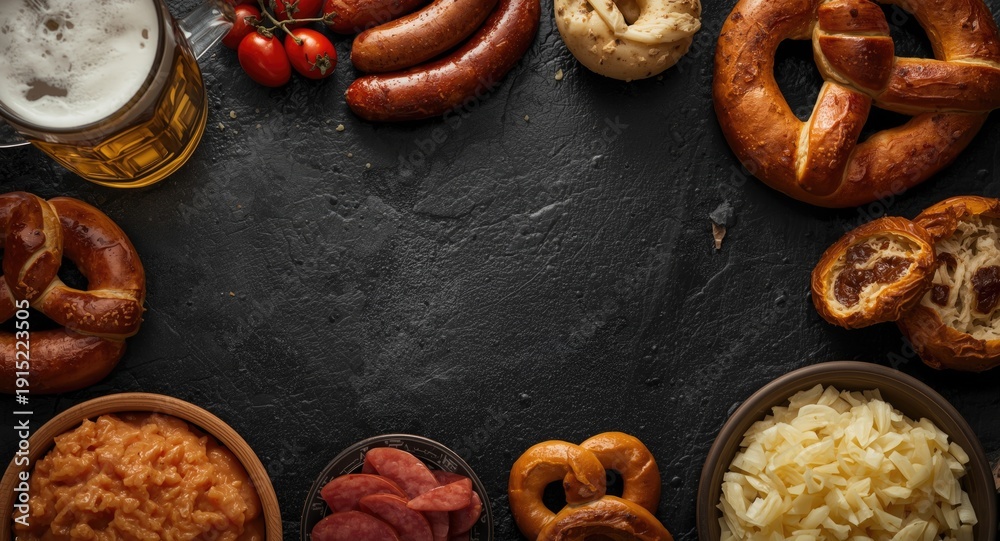 Naklejka premium Top perspective of hearty German food including sausage pretzels sauerkraut and beer on black stone background with copy space