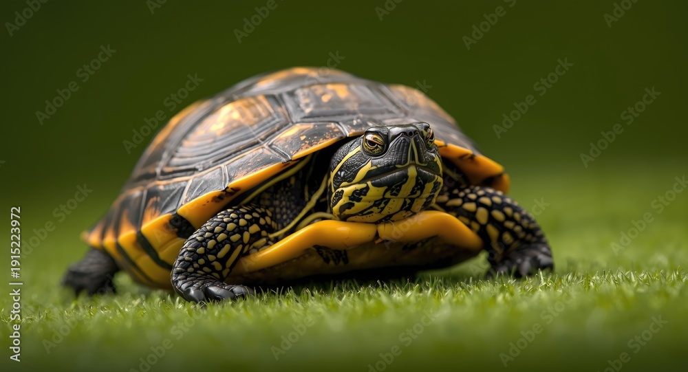 Fototapeta premium Captivating macro shot of a yellow bellied slider turtle with a smooth green natural backdrop