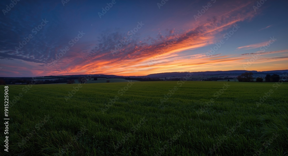 Obraz premium Peaceful twilight scene with a broad lush field, mild rolling hills, and colorful sky