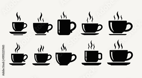 Hot coffee cup icon set featuring multiple cup shapes with steam rising.