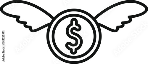 Dollar coin with wings illustrating financial expense, loss, or spending money
