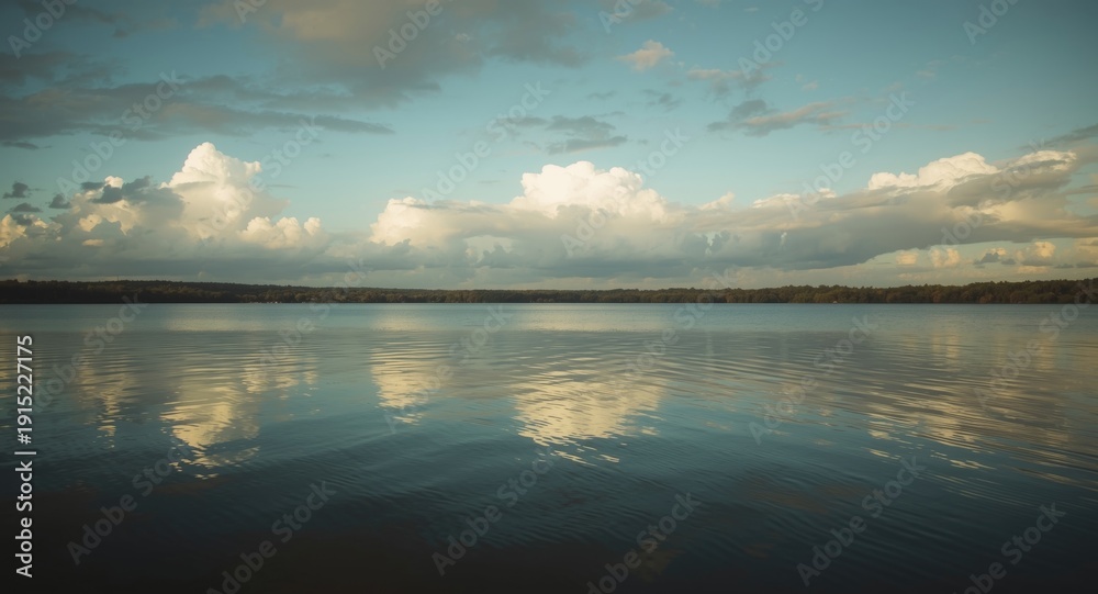 Fototapeta premium Natural landscape with a calm lake reflecting cumulus clouds forming a serene horizon