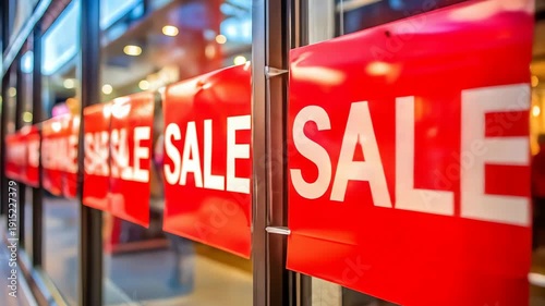 Red Sale Signs in Store Window.
