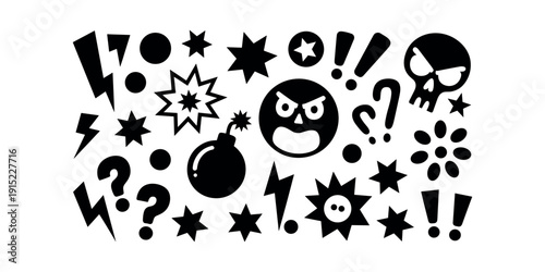 Black and white comic style emoticon explosion symbols in white background